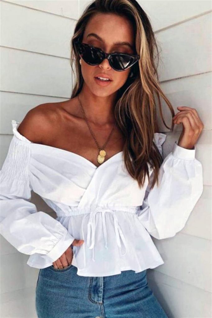 düşük omuz öpücük yaka bluz