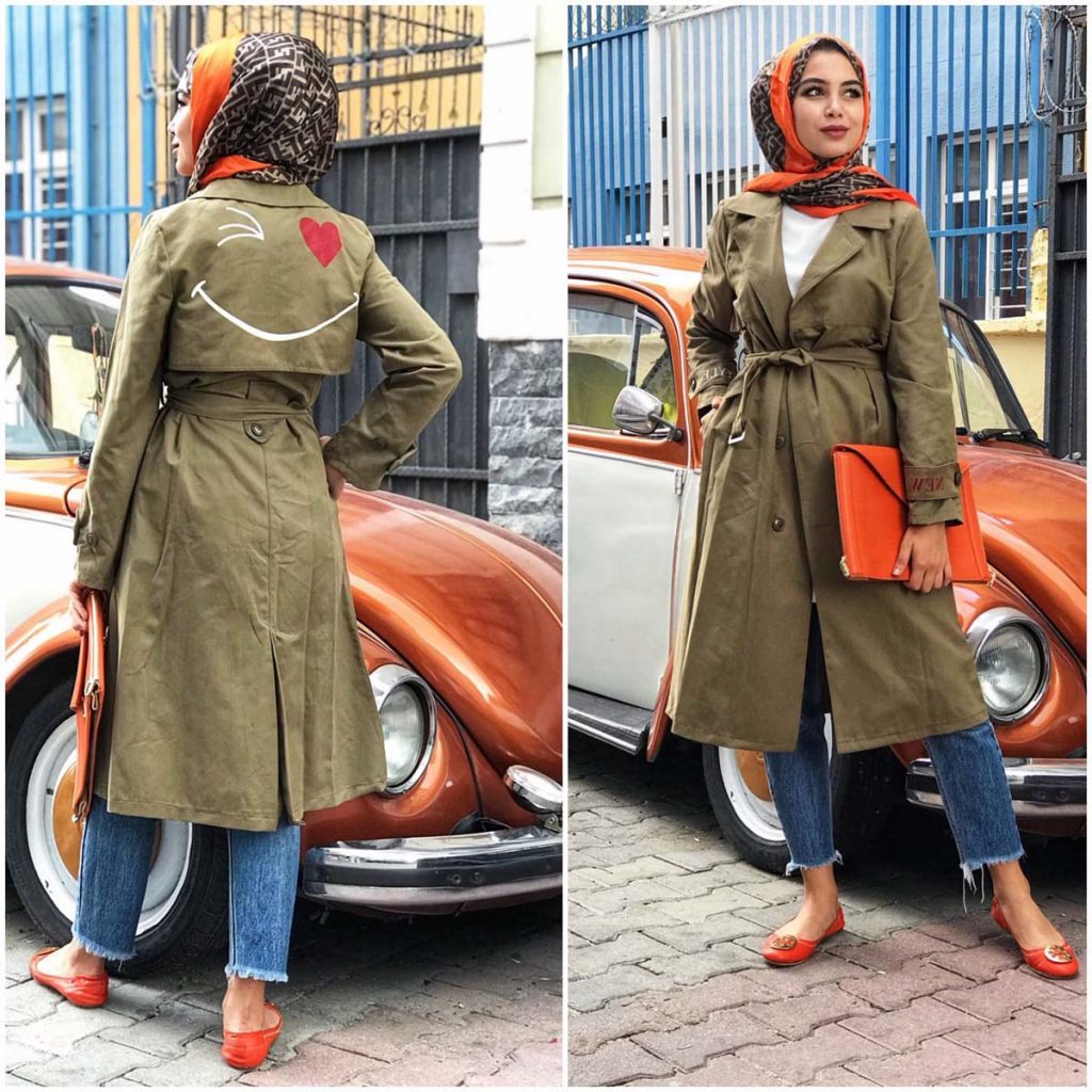 kadın trençkot kombinleri 2021 9 haki tesettur trenckot kombini