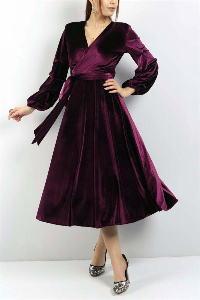 kadife klos diz alti elbise