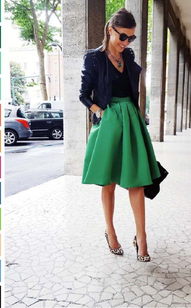 yesil etek siyah bluz kombini